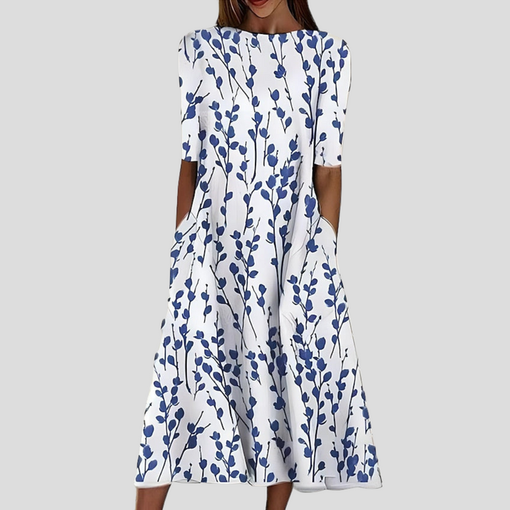 Damen Midi Kleid mit Allover-Muster und rundem Halsausschnitt mit Dreiviertelärmeln und Seitentaschen