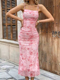 Damen Midikleid mit Blumenmuster und durchgehender Raffung