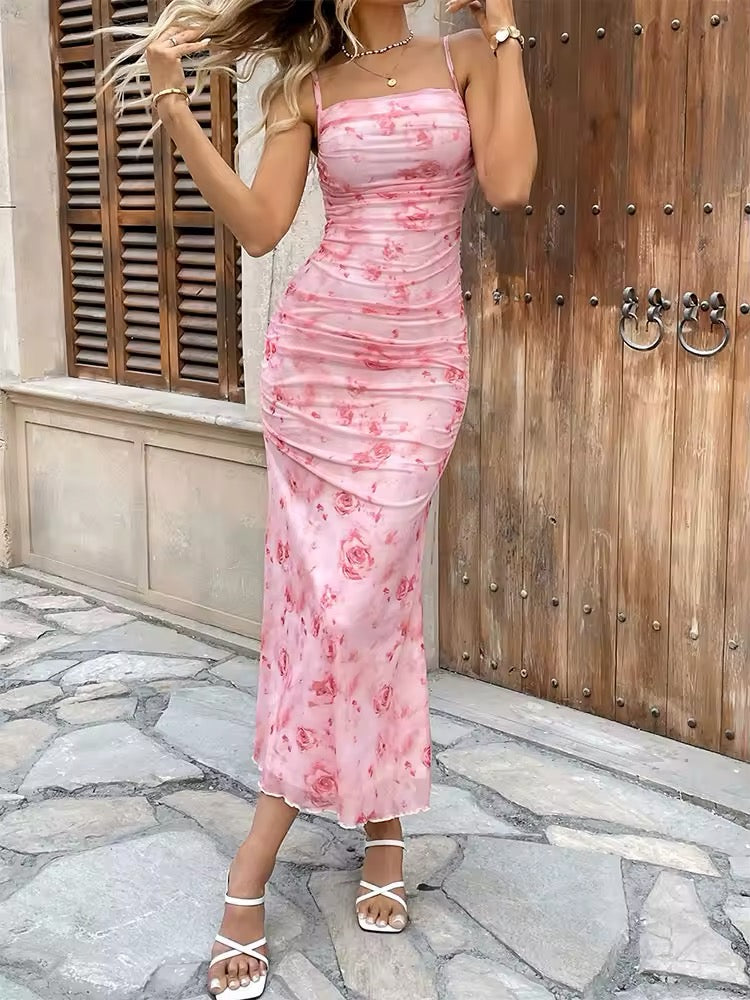 Dames midijurk met bloemenprint en ruches over de hele lengte