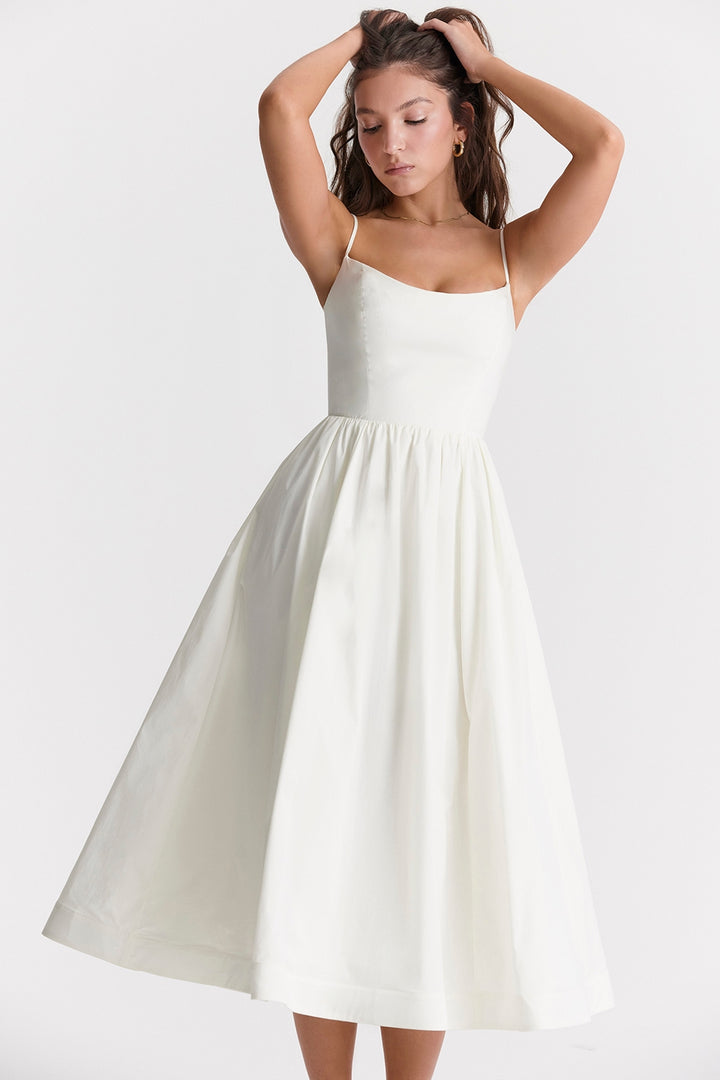 Damen Midikleid mit geradem Ausschnitt und Spaghettiträgern mit Taillenaht und weitem Rock