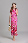 Dames midijurk met korte mouwen, ronde hals, bloemenapplicaties en transparante overlay
