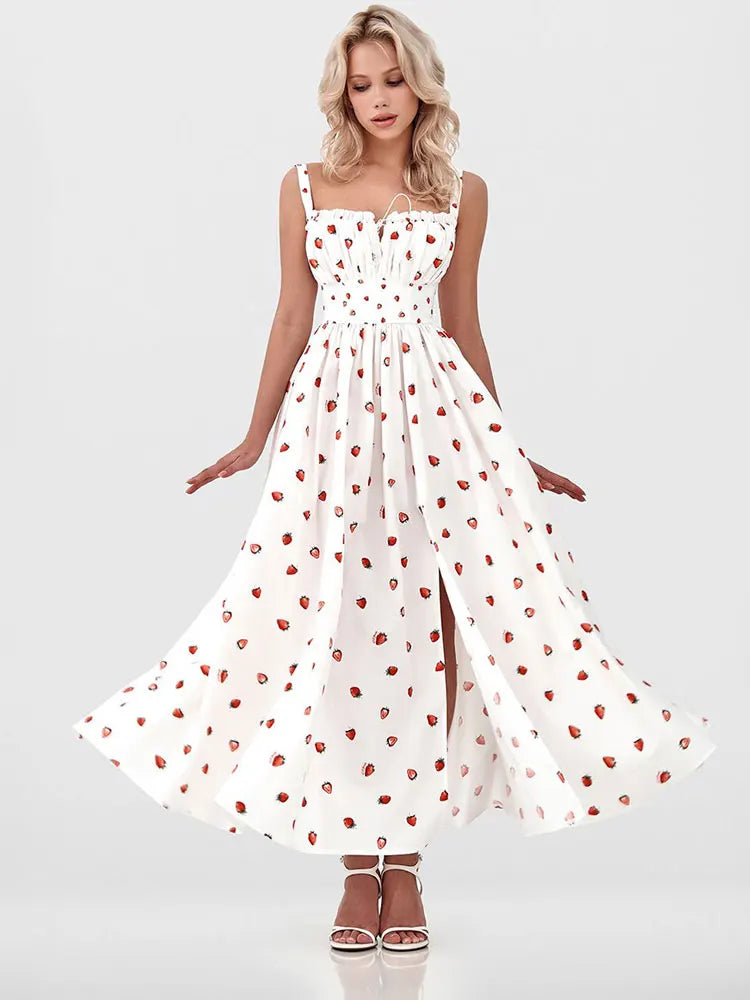 Dames midi-jurk met patroon en hartvormige halslijn met zijsplit en bandjes