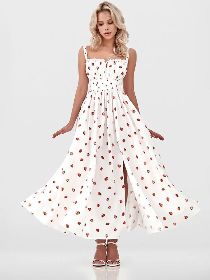 Dames midi-jurk met patroon en hartvormige halslijn met zijsplit en bandjes