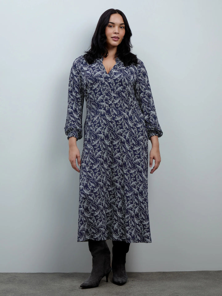 Inken Damen Midikleid mit Rüschenkragen, Fächermuster und Ballonärmeln