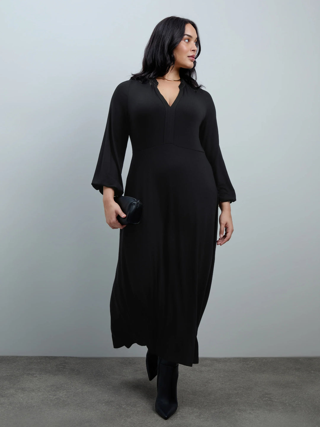 Merit Damen Midikleid mit Rüschenkragen, Knopfleiste und Ballonärmeln