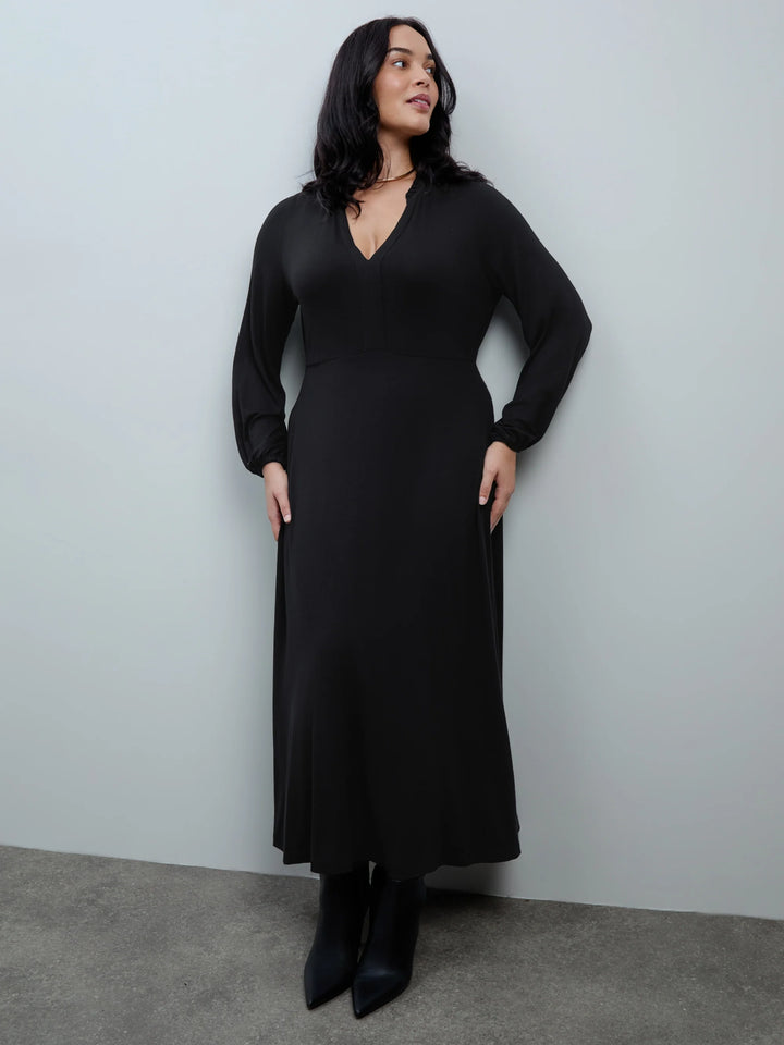 Merit Damen Midikleid mit Rüschenkragen, Knopfleiste und Ballonärmeln