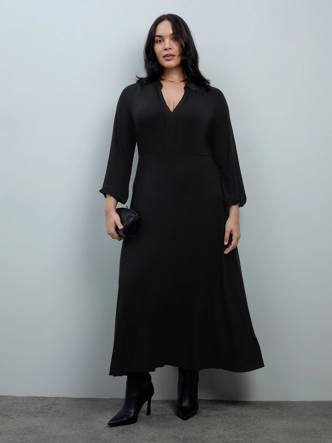 Merit Damen Midikleid mit Rüschenkragen, Knopfleiste und Ballonärmeln