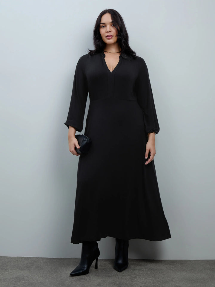 Merit Damen Midikleid mit Rüschenkragen, Knopfleiste und Ballonärmeln