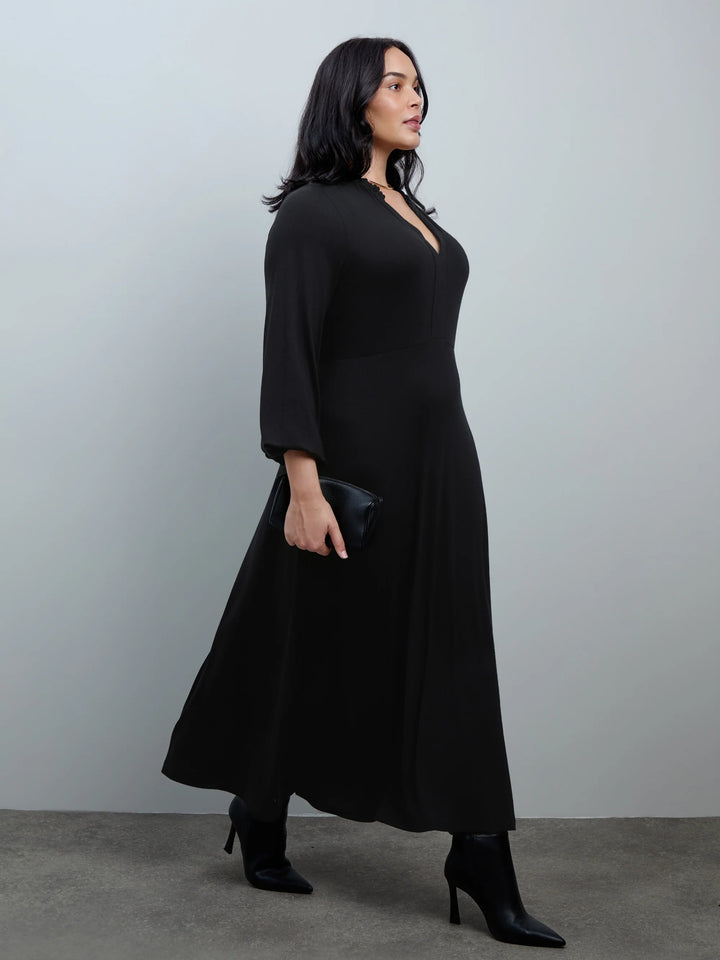 Merit Damen Midikleid mit Rüschenkragen, Knopfleiste und Ballonärmeln