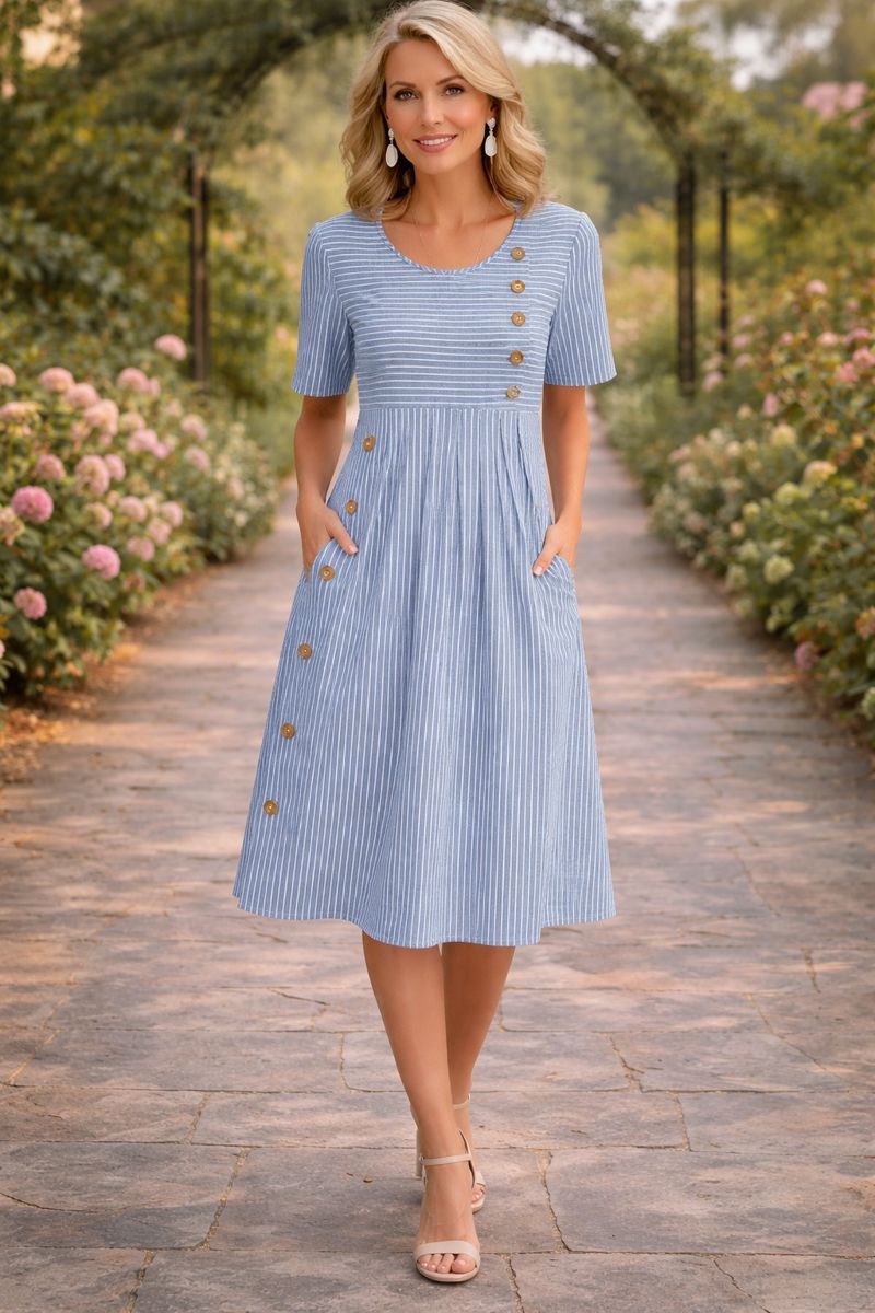 Damen Midikleid mit Rundhalsausschnitt kurzen Ärmeln Streifenmuster und Seitentaschen
