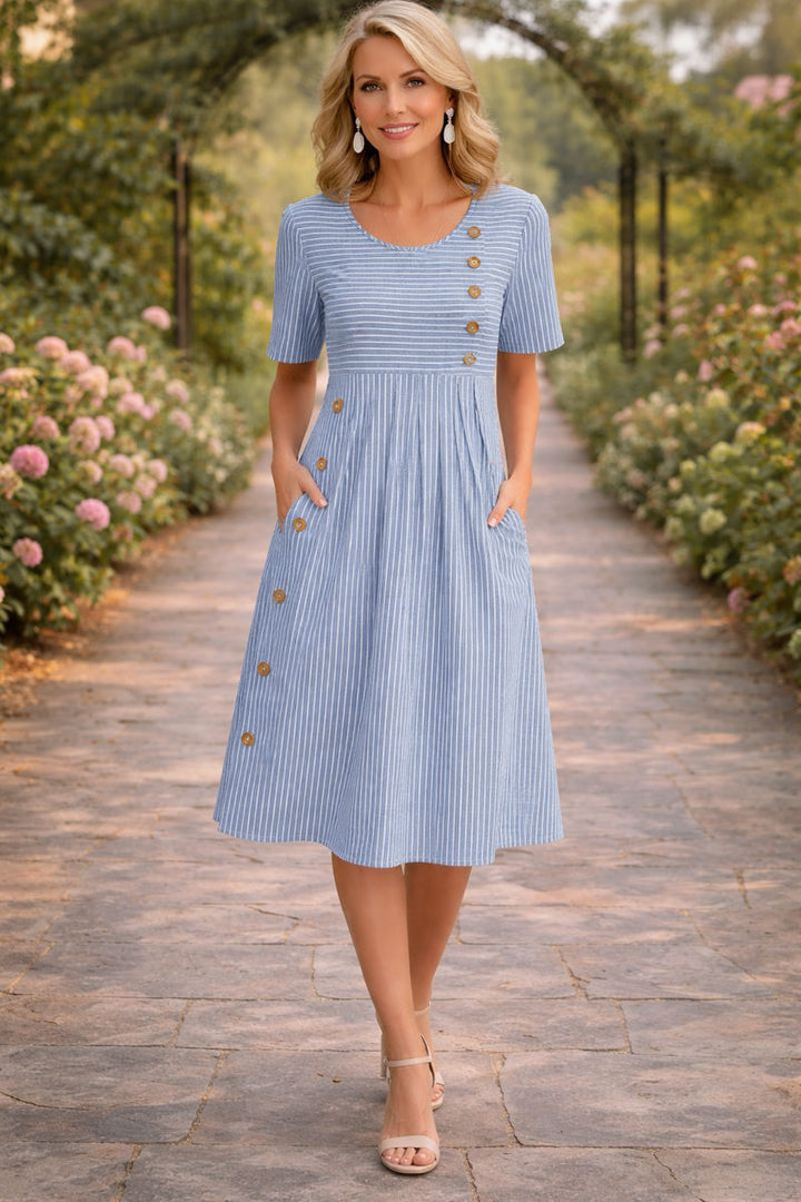 Damen Midikleid mit Rundhalsausschnitt kurzen Ärmeln Streifenmuster und Seitentaschen