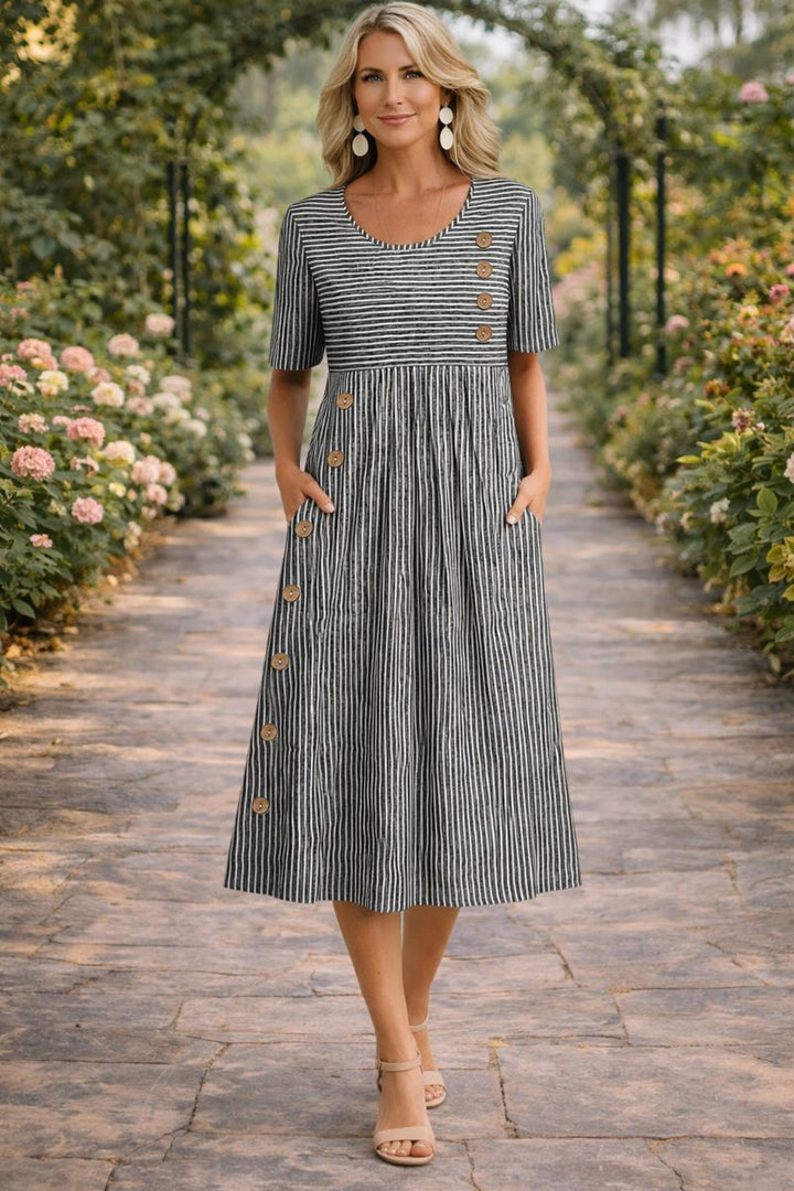 Damen Midikleid mit Rundhalsausschnitt kurzen Ärmeln Streifenmuster und Seitentaschen