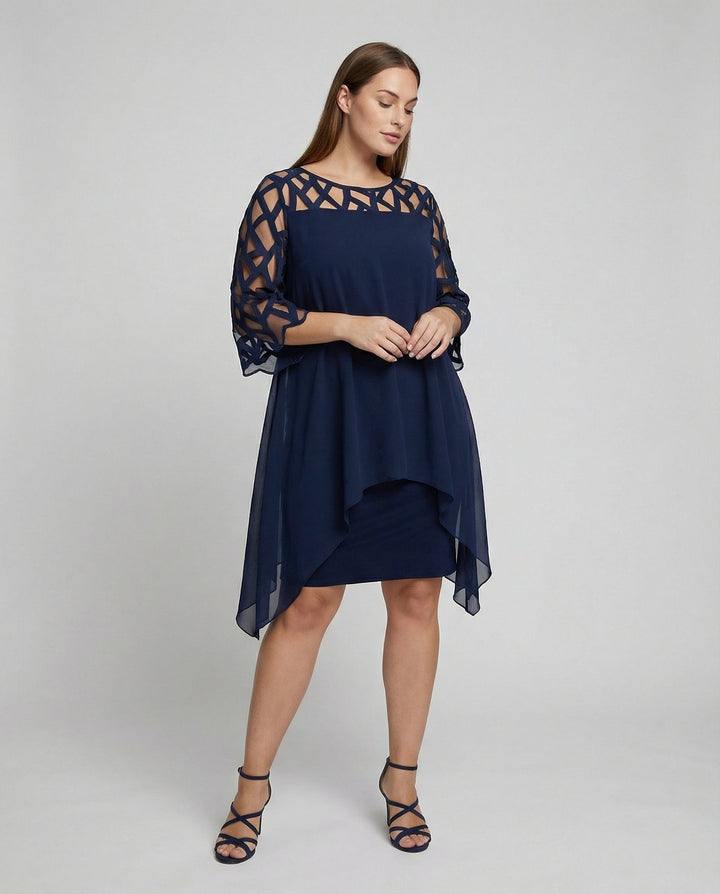 Damen Midikleid mit Rundhalsausschnitt und Mesh-Aermeln und Schluessellochrücken