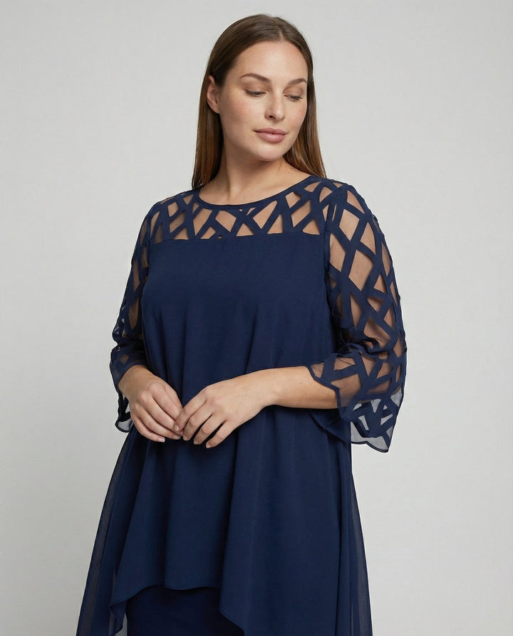 Damen Midikleid mit Rundhalsausschnitt und Mesh-Aermeln und Schluessellochrücken
