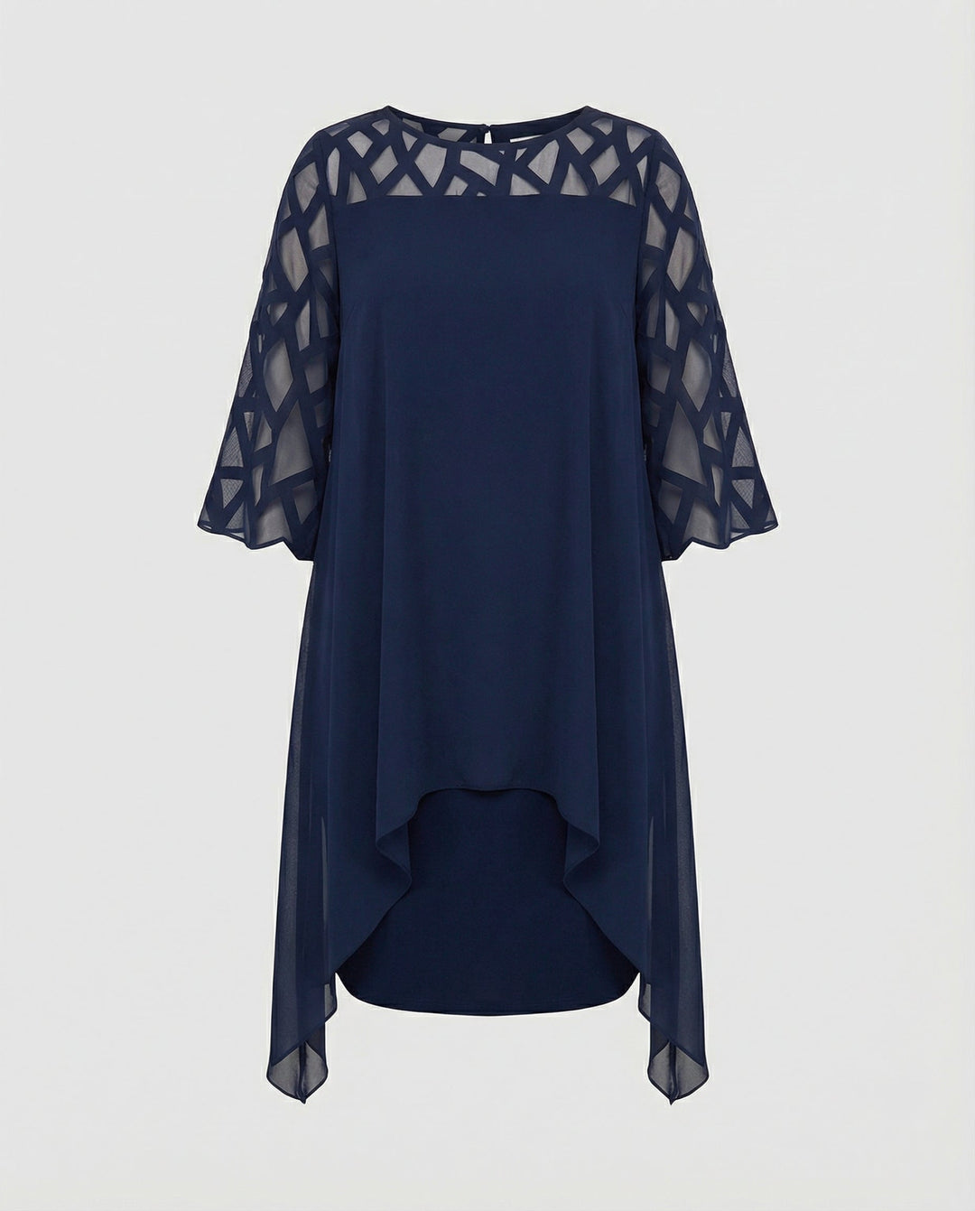 Damen Midikleid mit Rundhalsausschnitt und Mesh-Aermeln und Schluessellochrücken