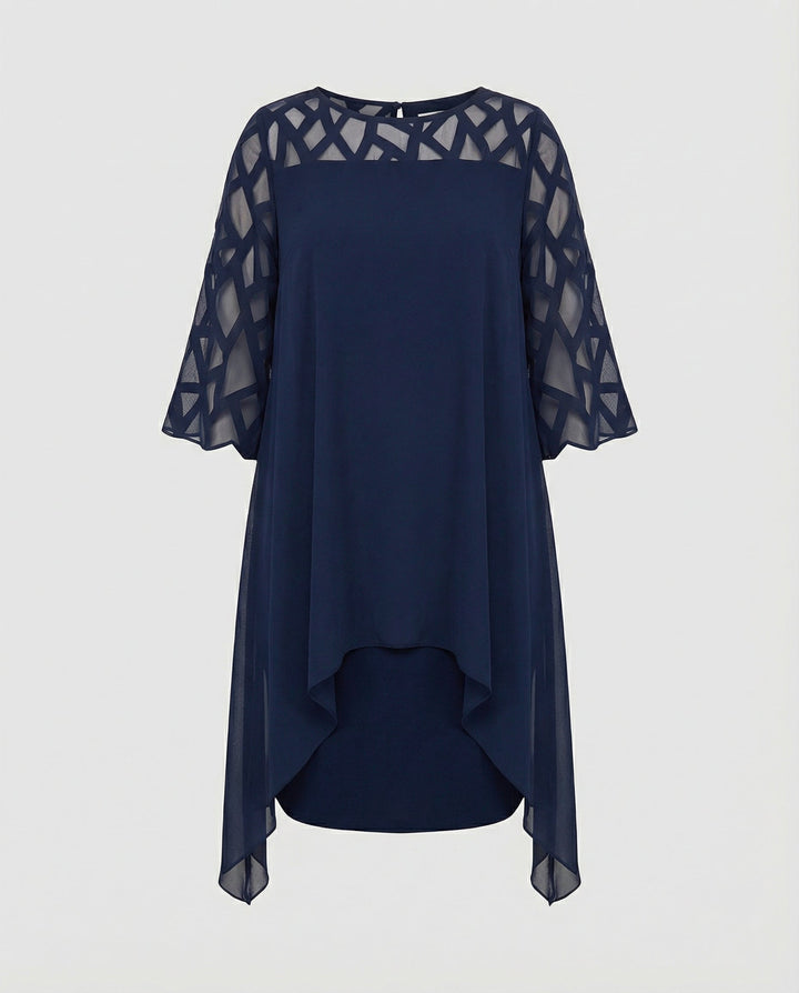Damen Midikleid mit Rundhalsausschnitt und Mesh-Aermeln und Schluessellochrücken