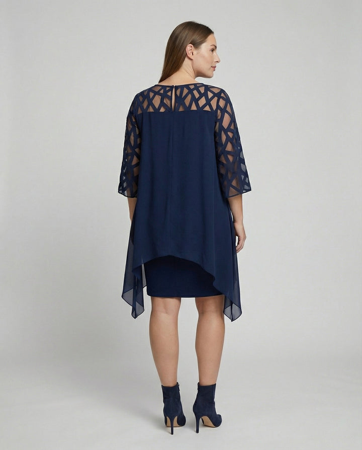 Damen Midikleid mit Rundhalsausschnitt und Mesh-Aermeln und Schluessellochrücken