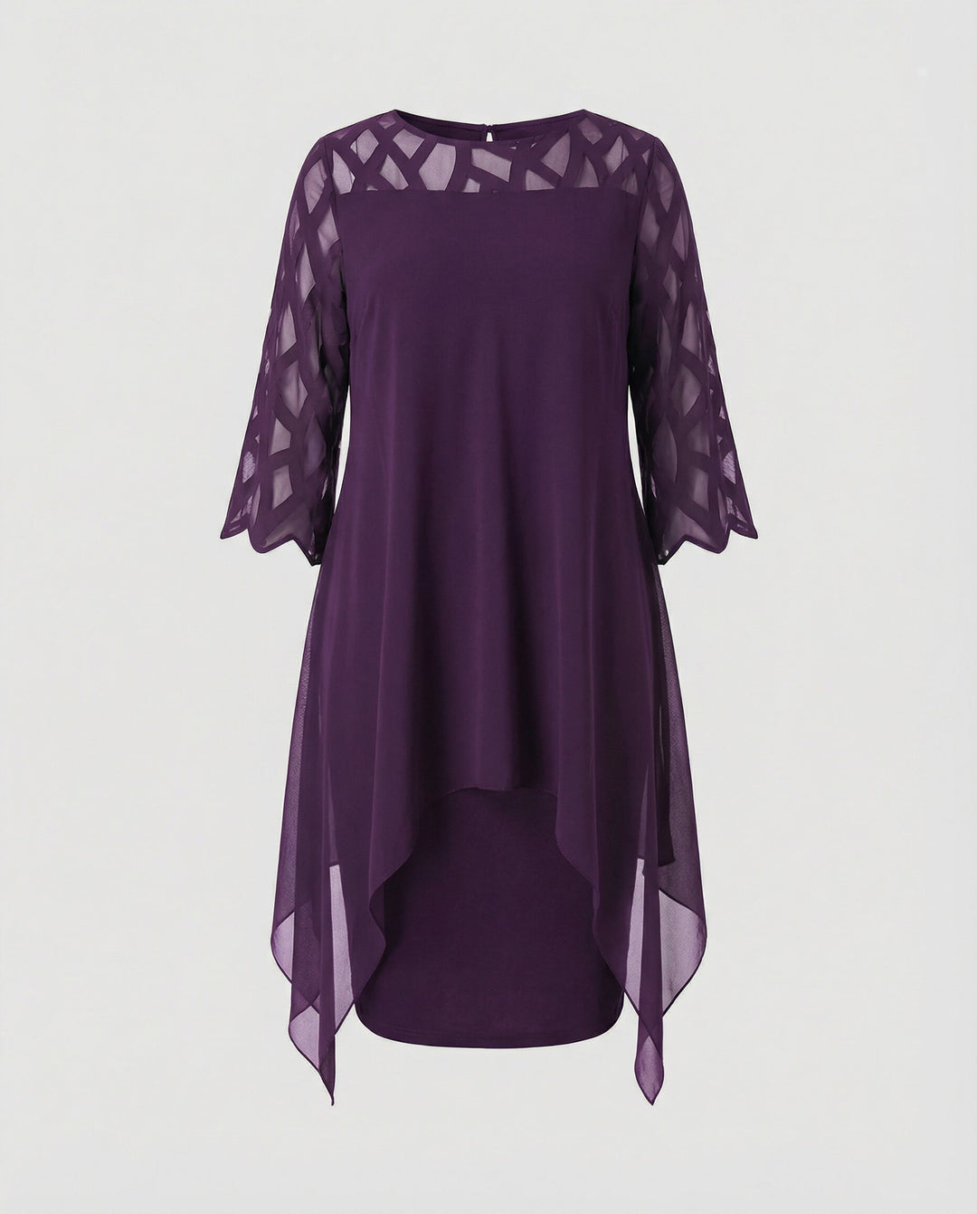 Damen Midikleid mit Rundhalsausschnitt und Mesh-Aermeln und Schluessellochrücken