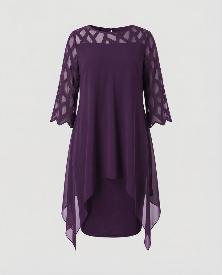 Damen Midikleid mit Rundhalsausschnitt und Mesh-Aermeln und Schluessellochrücken
