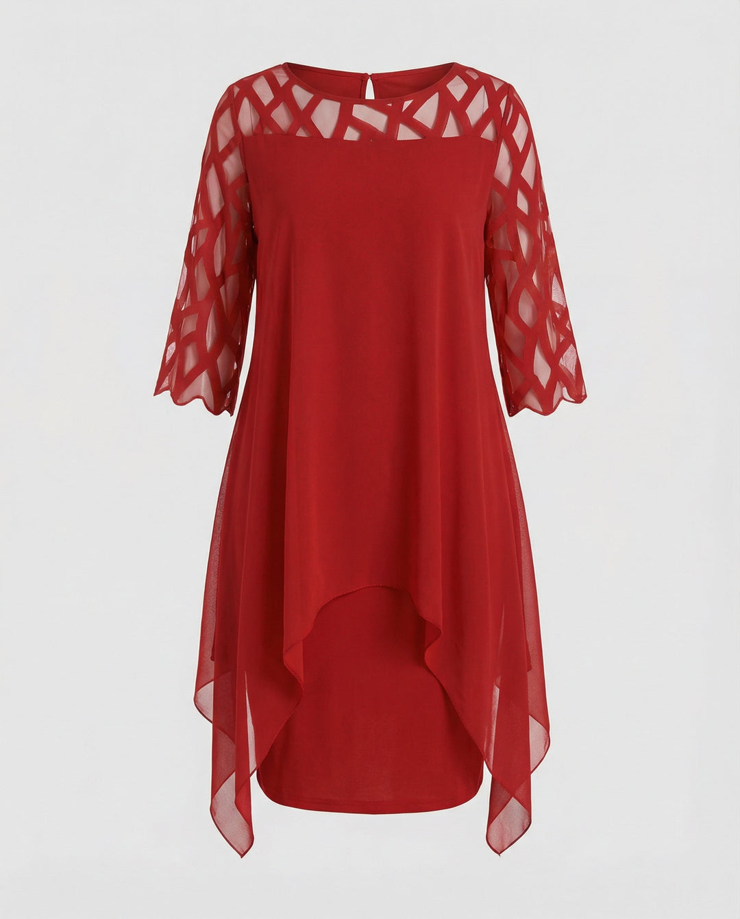 Damen Midikleid mit Rundhalsausschnitt und Mesh-Aermeln und Schluessellochrücken