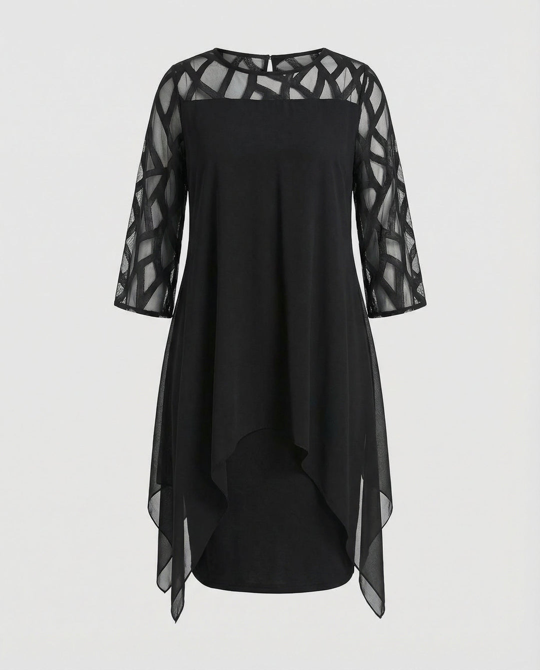 Damen Midikleid mit Rundhalsausschnitt und Mesh-Aermeln und Schluessellochrücken