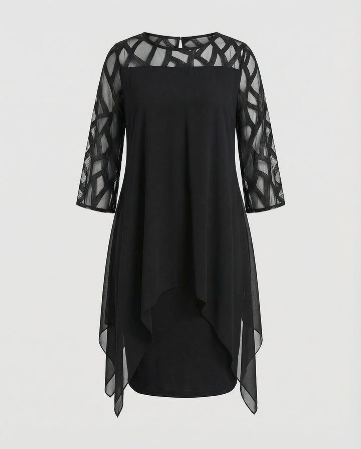 Damen Midikleid mit Rundhalsausschnitt und Mesh-Aermeln und Schluessellochrücken