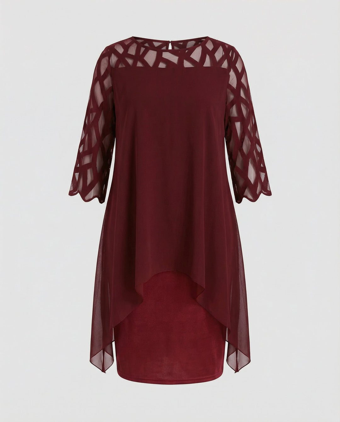 Damen Midikleid mit Rundhalsausschnitt und Mesh-Aermeln und Schluessellochrücken
