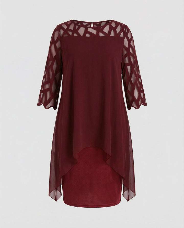 Damen Midikleid mit Rundhalsausschnitt und Mesh-Aermeln und Schluessellochrücken