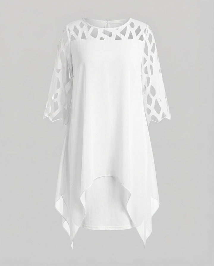 Damen Midikleid mit Rundhalsausschnitt und Mesh-Aermeln und Schluessellochrücken