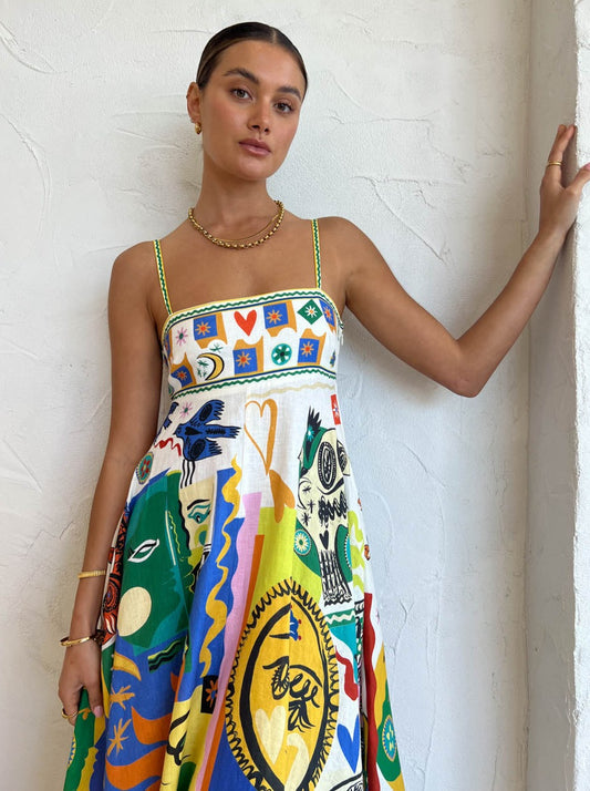 Dames midijurk met spaghettibandjes en vierkante halslijn met abstract kleurrijk patroon en A-lijn rok