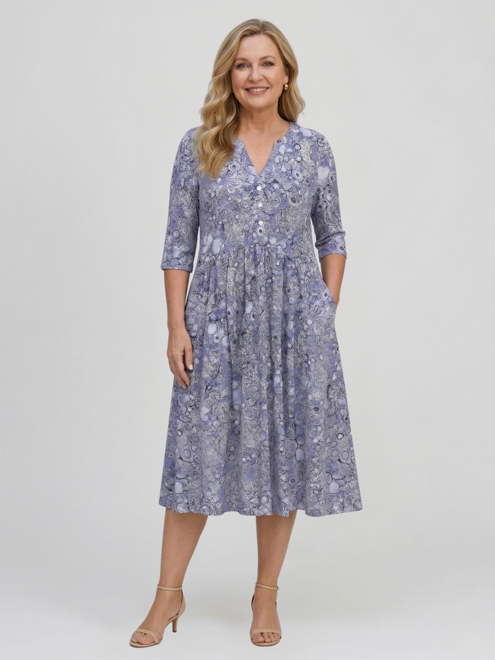 Damen Midikleid mit V-Ausschnitt Dreiviertelärmeln und Blumenmuster