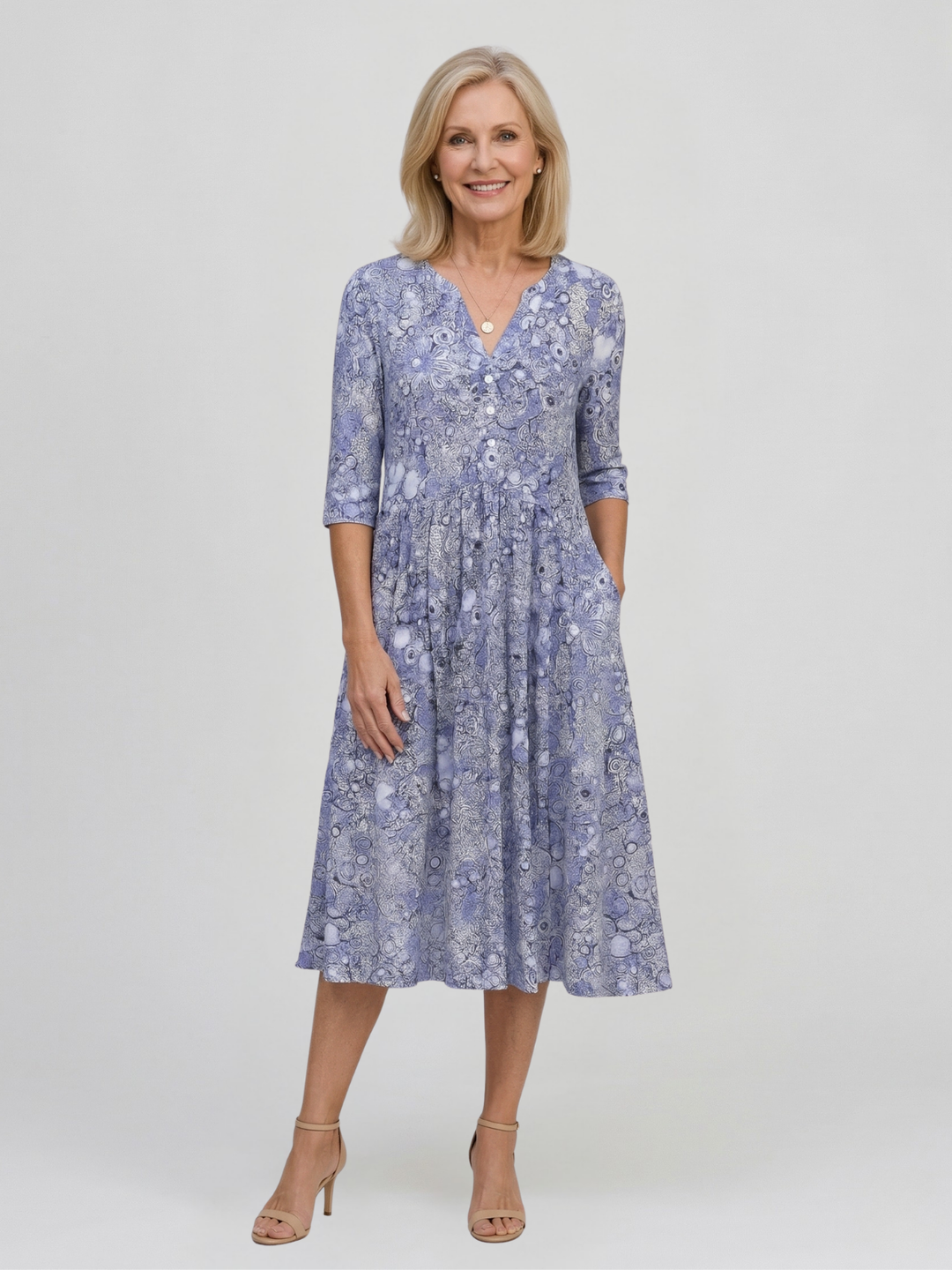 Damen Midikleid mit V-Ausschnitt Dreiviertelärmeln und Blumenmuster