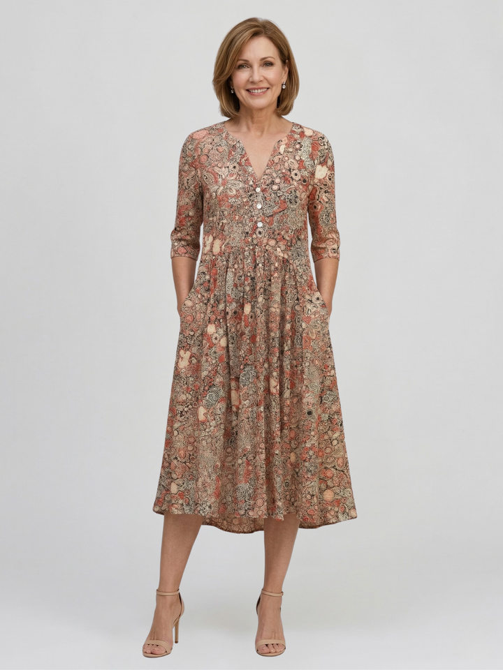 Damen Midikleid mit V-Ausschnitt Dreiviertelärmeln und Blumenmuster