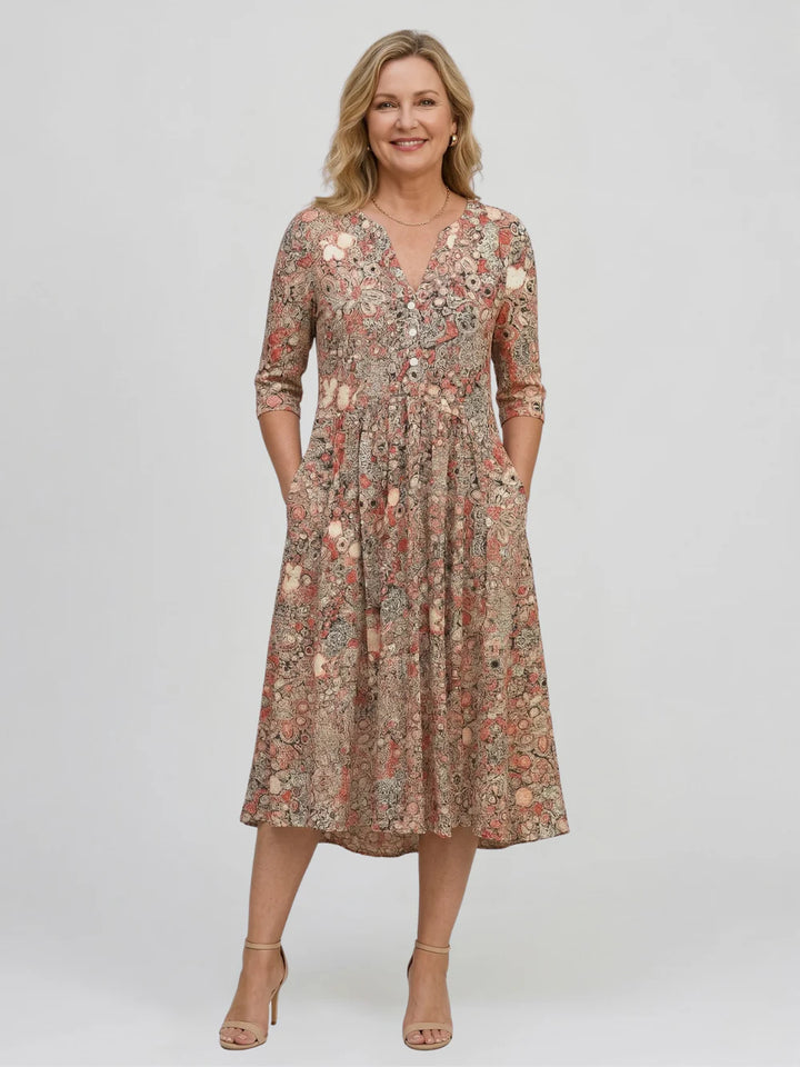 Damen Midikleid mit V-Ausschnitt Dreiviertelärmeln und Blumenmuster