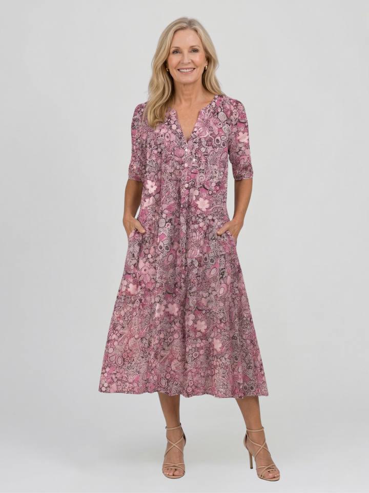 Damen Midikleid mit V-Ausschnitt Dreiviertelärmeln und Blumenmuster