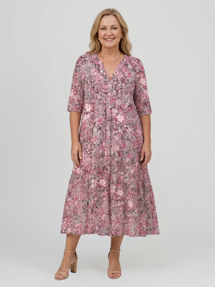Damen Midikleid mit V-Ausschnitt Dreiviertelärmeln und Blumenmuster
