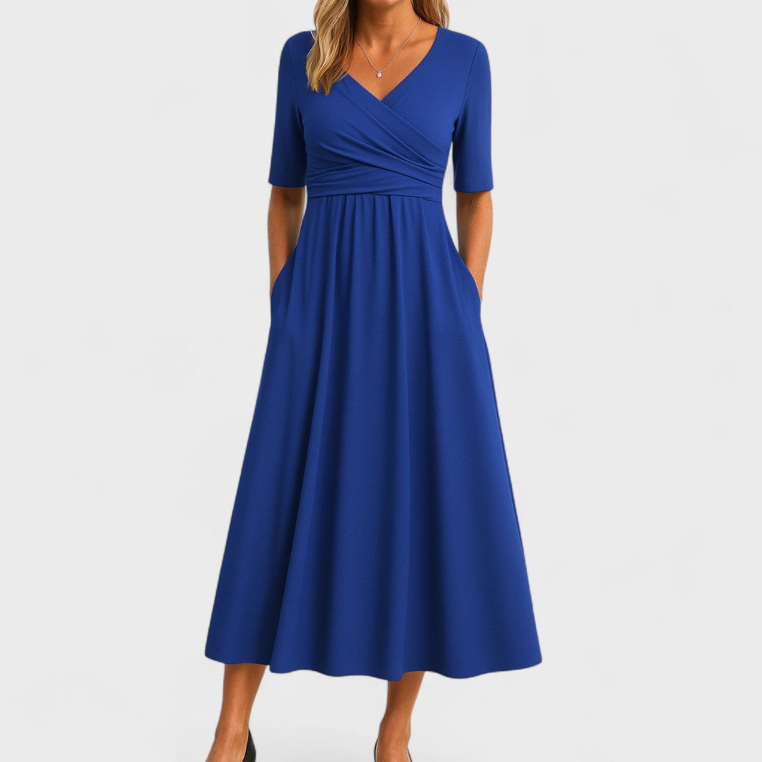 Damen Midikleid mit V-Ausschnitt im Wickelstil und kurzen Ärmeln mit Seitentaschen