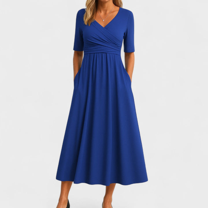 Damen Midikleid mit V-Ausschnitt im Wickelstil und kurzen Ärmeln mit Seitentaschen