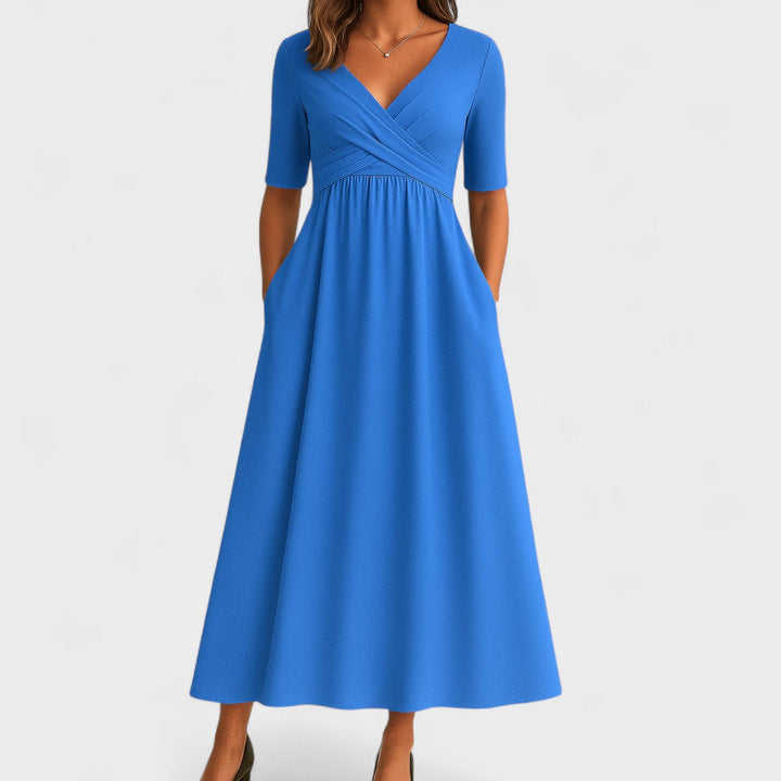 Damen Midikleid mit V-Ausschnitt im Wickelstil und kurzen Ärmeln mit Seitentaschen