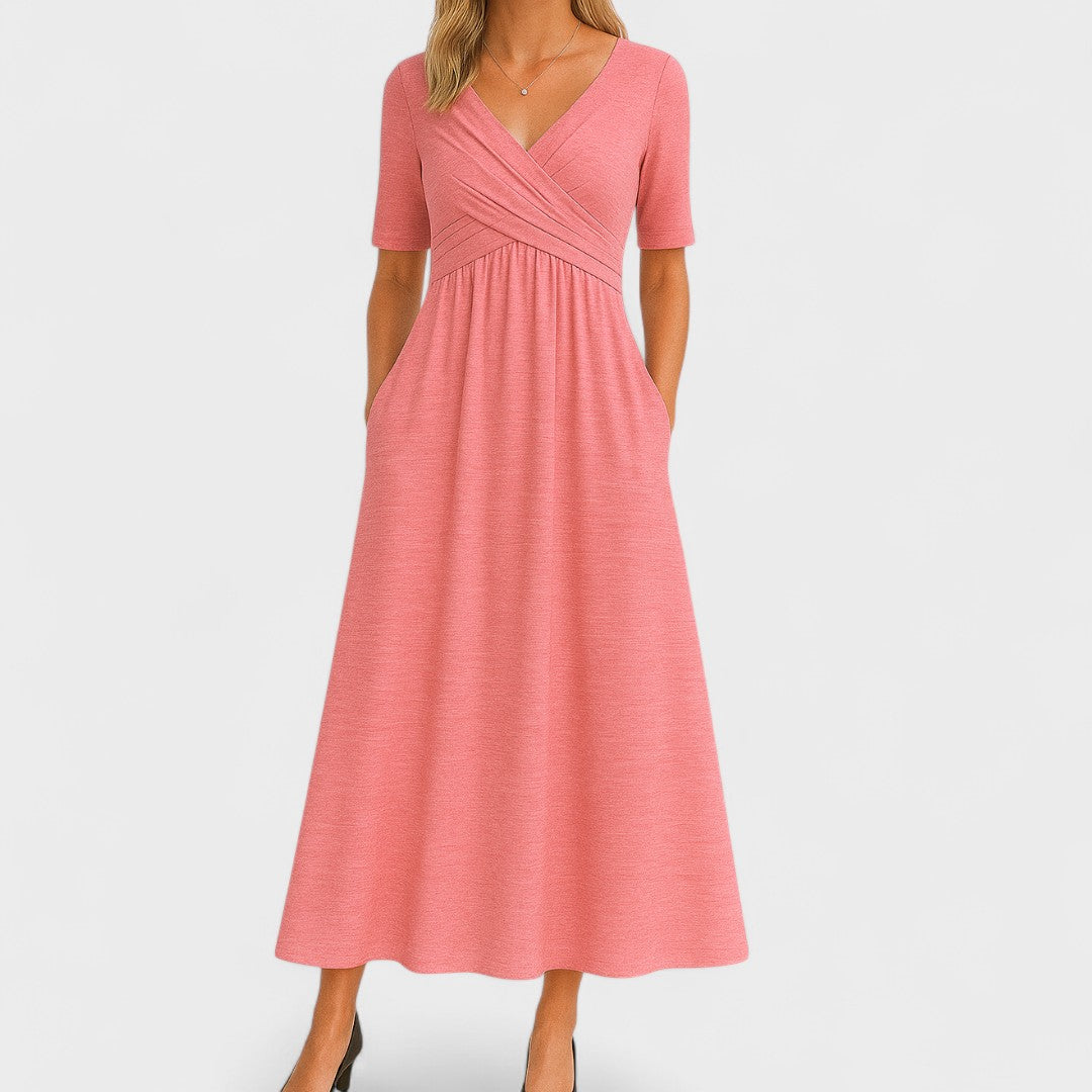 Damen Midikleid mit V-Ausschnitt im Wickelstil und kurzen Ärmeln mit Seitentaschen
