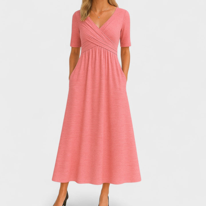 Damen Midikleid mit V-Ausschnitt im Wickelstil und kurzen Ärmeln mit Seitentaschen