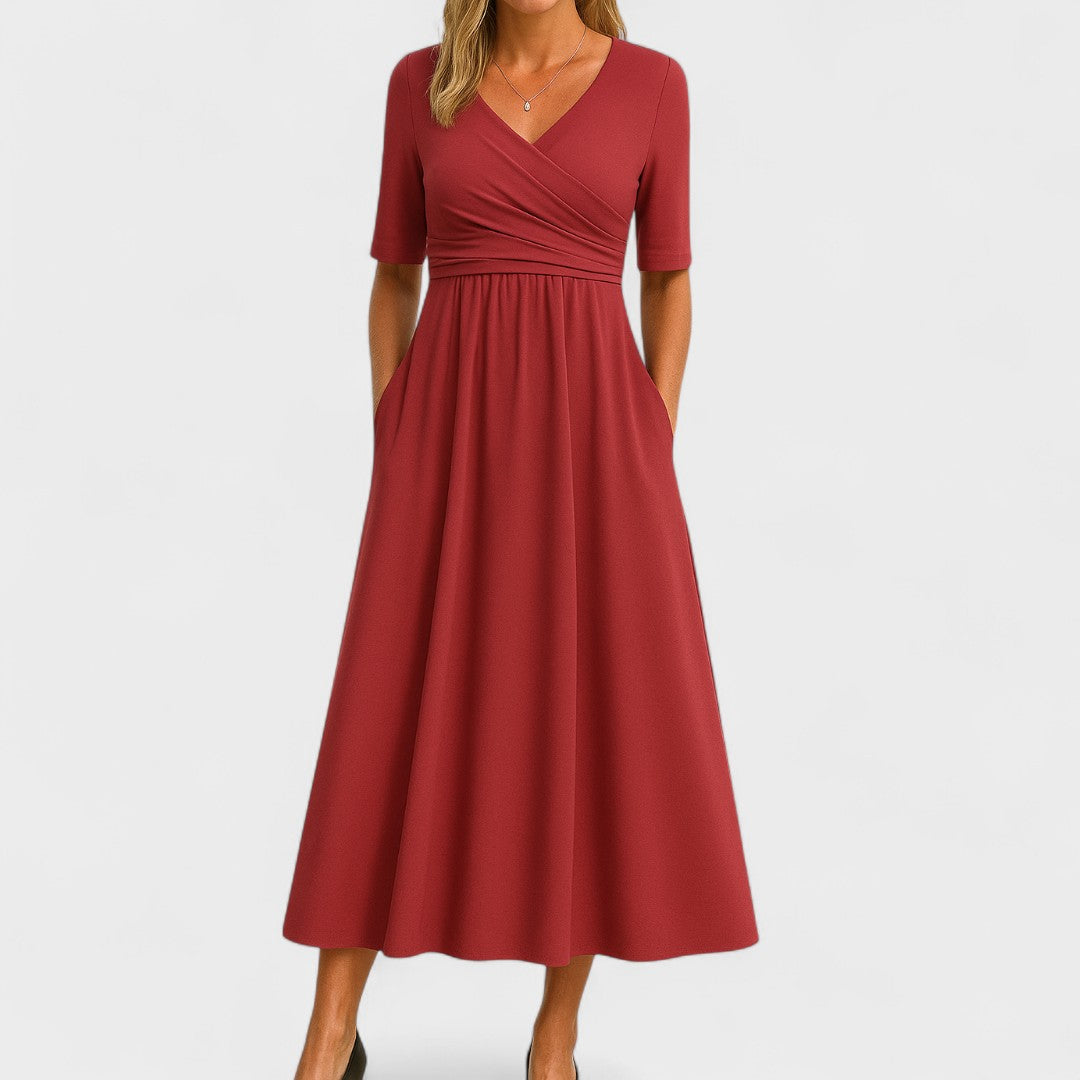 Damen Midikleid mit V-Ausschnitt im Wickelstil und kurzen Ärmeln mit Seitentaschen