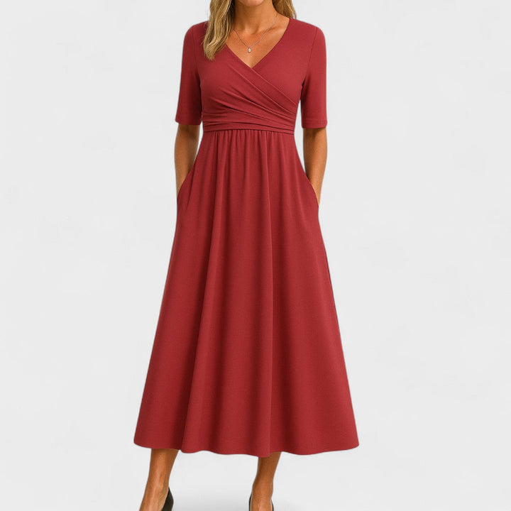 Damen Midikleid mit V-Ausschnitt im Wickelstil und kurzen Ärmeln mit Seitentaschen