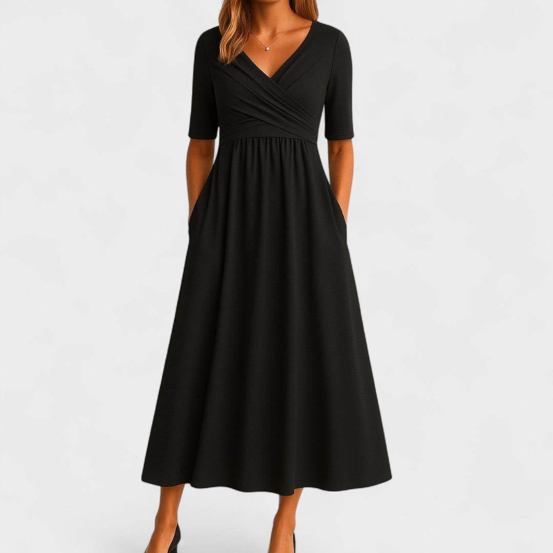 Damen Midikleid mit V-Ausschnitt im Wickelstil und kurzen Ärmeln mit Seitentaschen