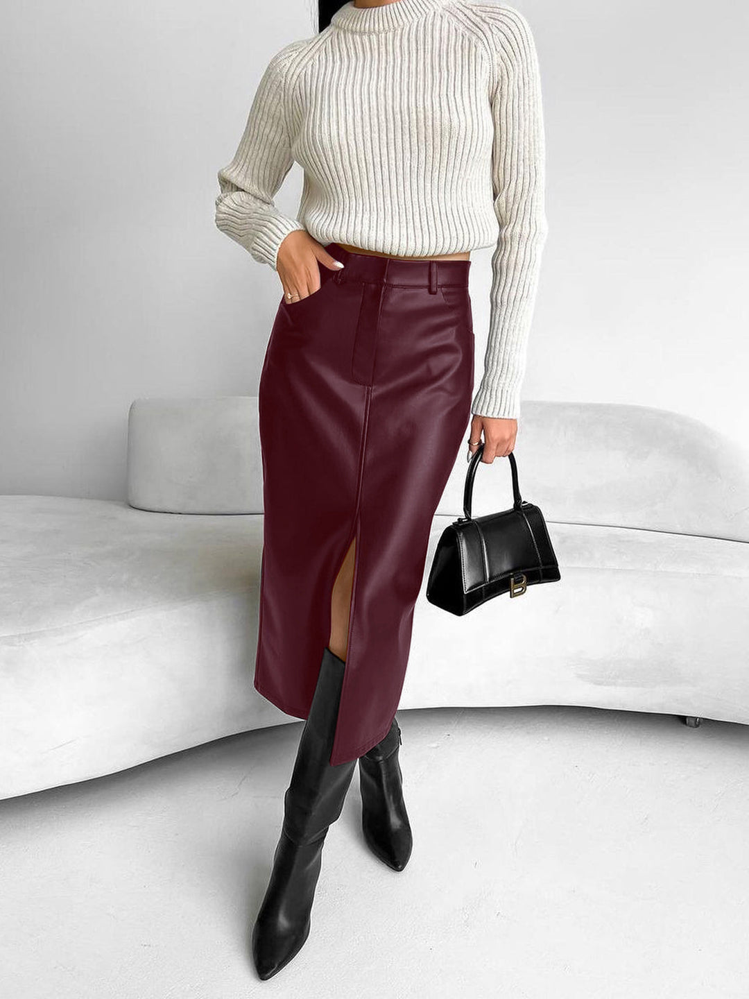 Damen Midirock mit Frontschlitz und Gürtelschlaufen