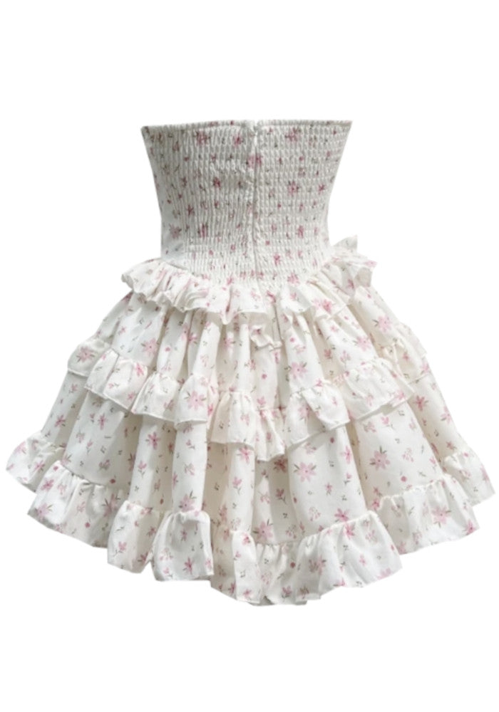 Dames mini jurk met bandeau-halslijn, drielaagse ruchesrok en bloemenpatroon