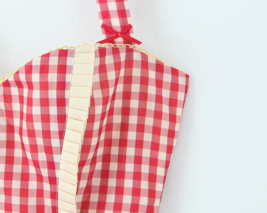 Dames minijurk met hartvormige halslijn, halterbandjes, knoopsluiting en ruitpatroon