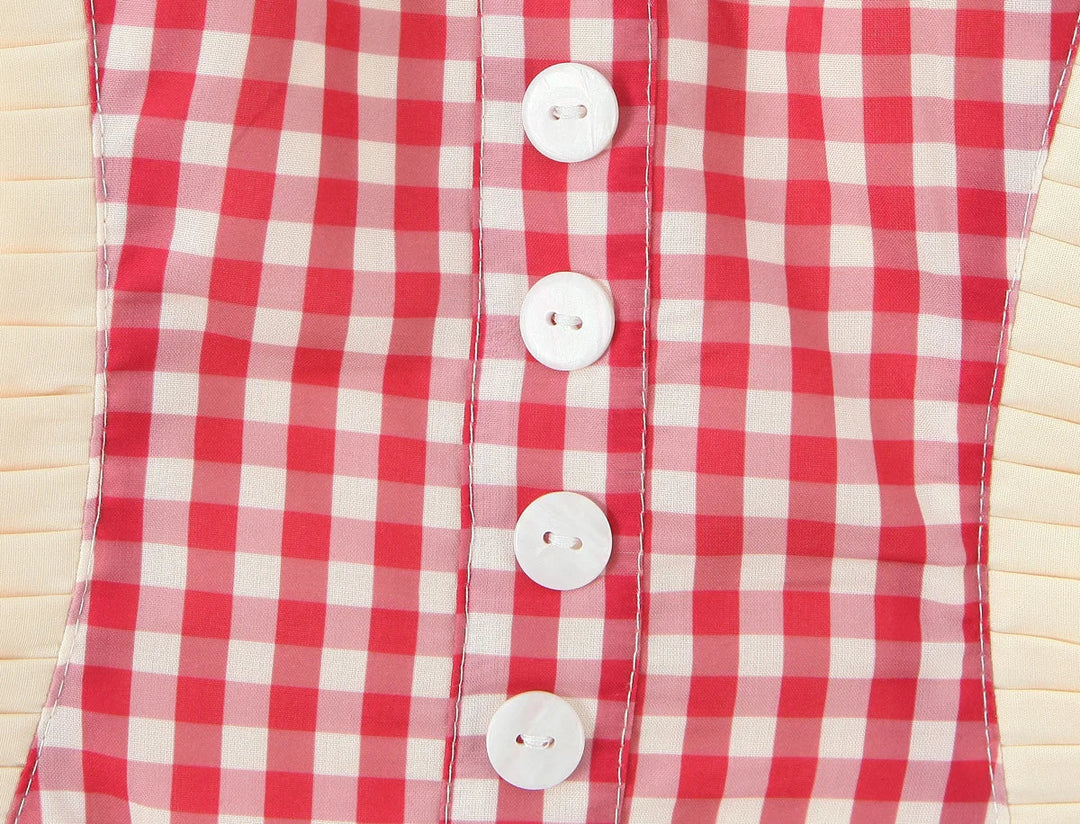 Dames minijurk met hartvormige halslijn, halterbandjes, knoopsluiting en ruitpatroon