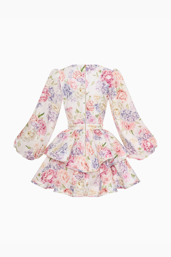 Dames minijurk met bloemenprint, diepe V-hals, ballonmouwen en gelaagde rok