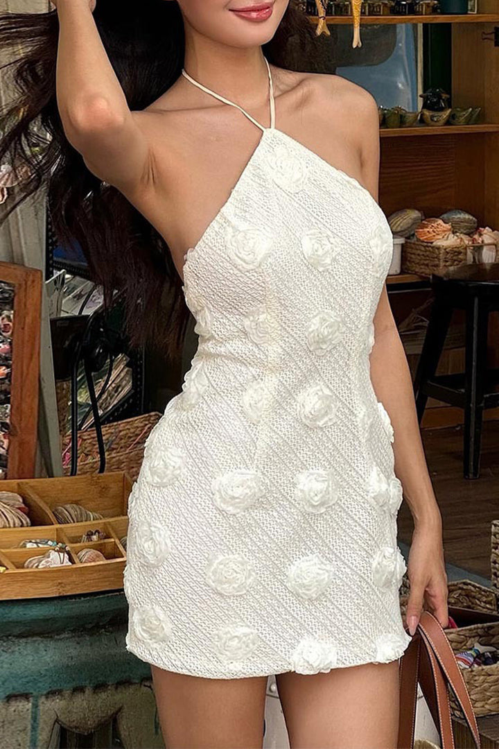 Dames minijurk met halterhals en 3D-rozenapplicaties